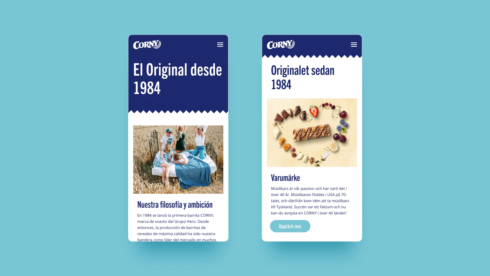 Zwei Bilder der Corny Website zeigen eine Freundesgruppe im Kornfeld und ein Riegel mit Herz