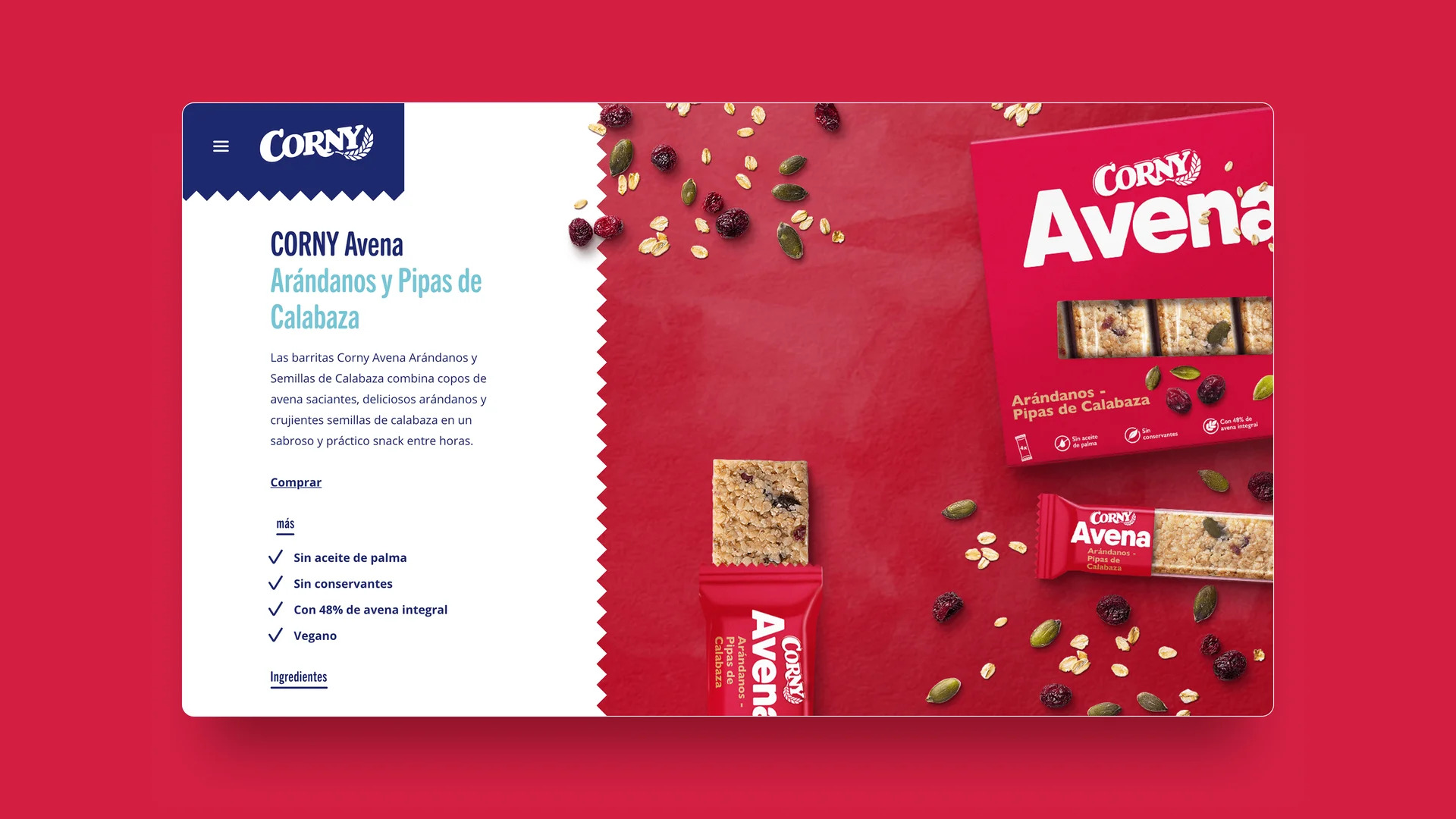 Screenshot der Corny Website mit Produktinfos links und einer Müsliriegelpackung und einem halb ausgepackten Riegel rechts
