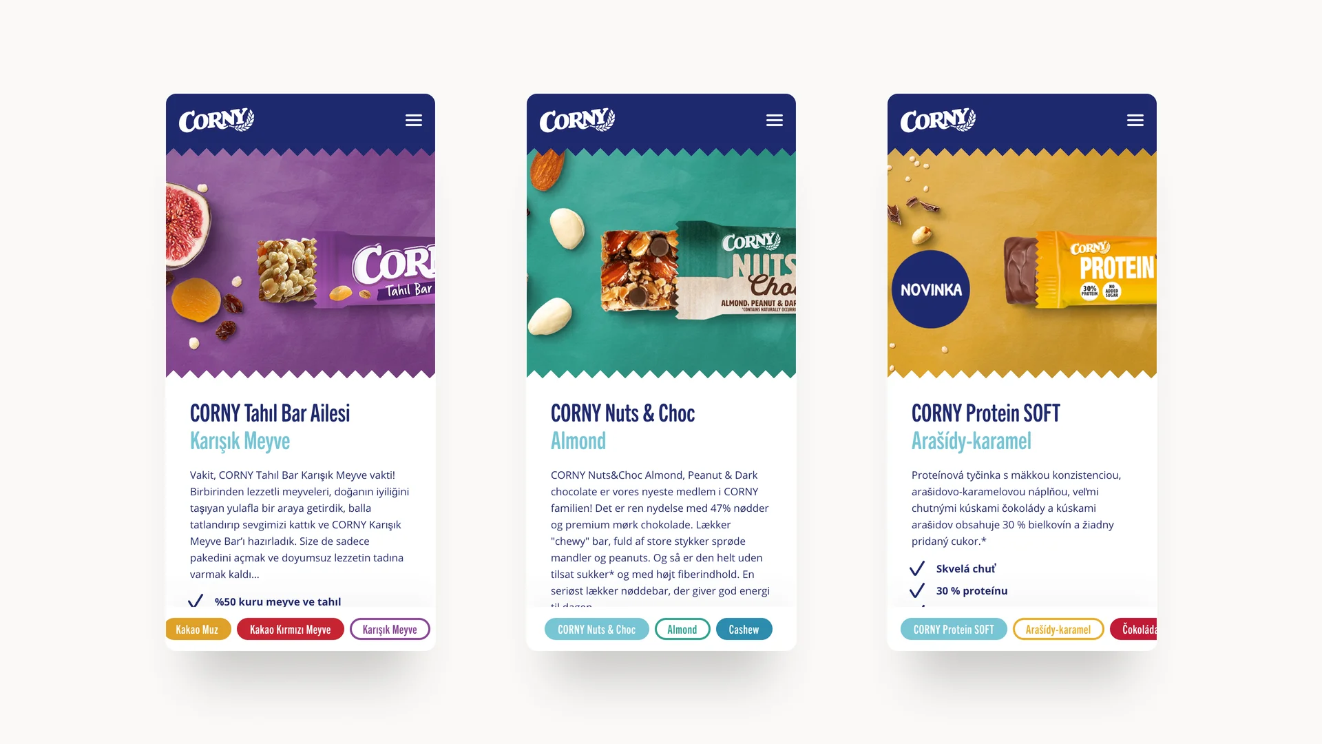 Drei Screenshots der Corny Website mit Produktabbildungen von Müsliriegeln aus verschiedenen Ländern