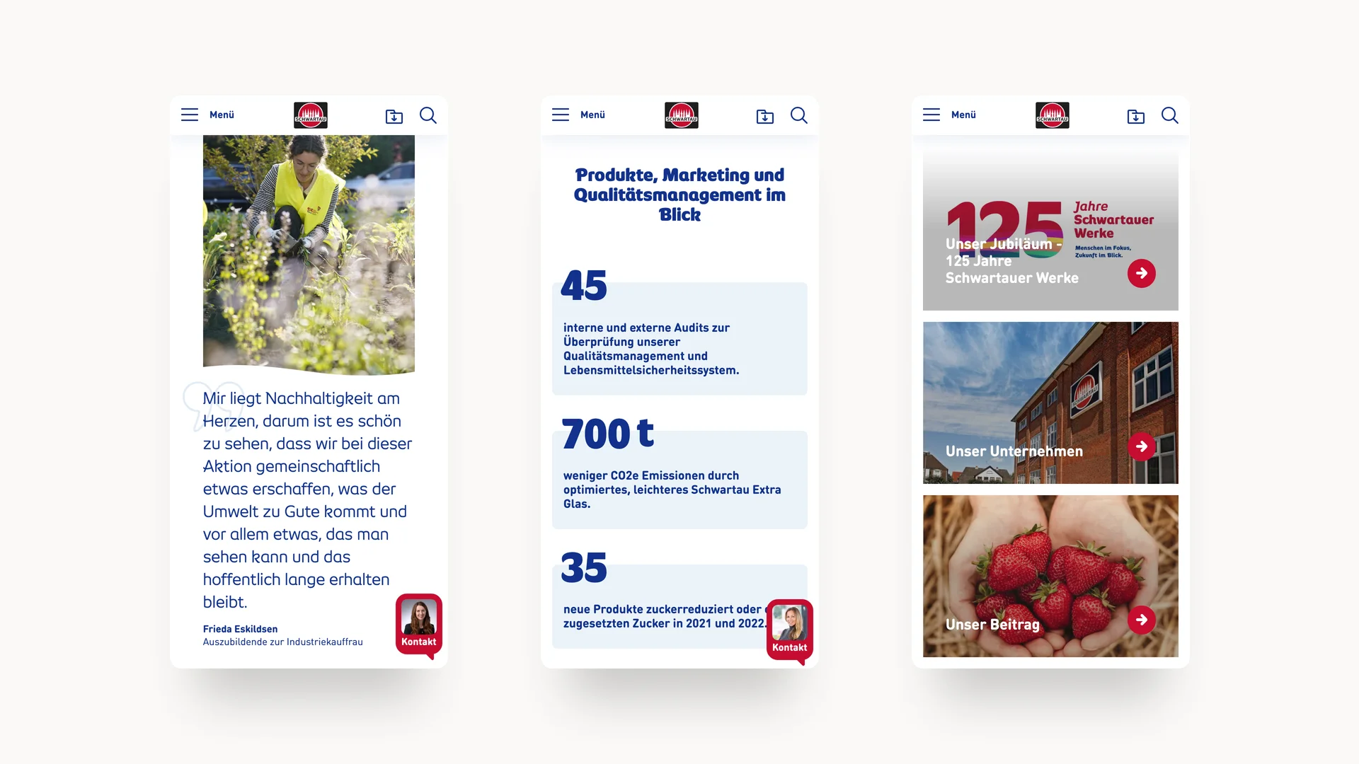 Drei Bilder mit Frau im Beet, Schwartauer Werke Qualitäts-Kennzahlen, Schwartau Gebäude und zwei Hände gefüllt mit Erdbeeren