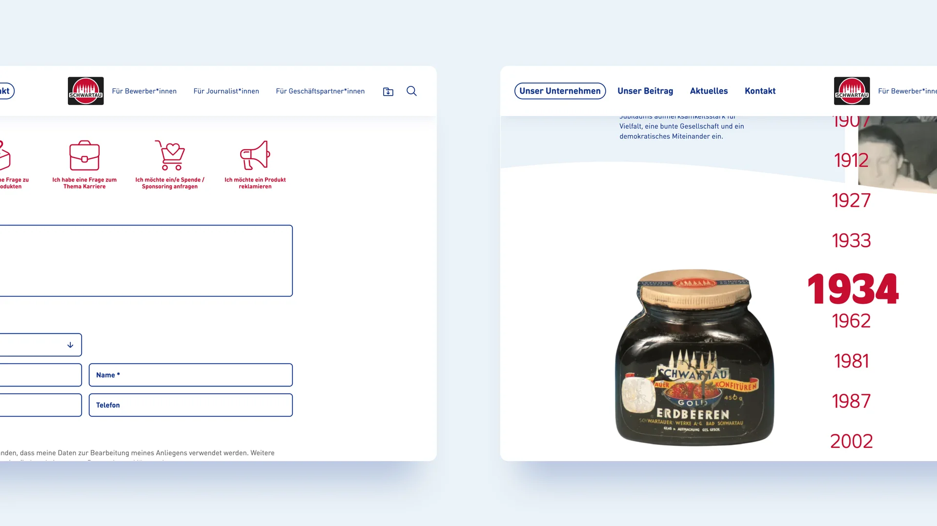 Zwei Screenshots der Schwartauer Werke-Website mit Kontaktformular links und Marmeladenglas von 1934 rechts