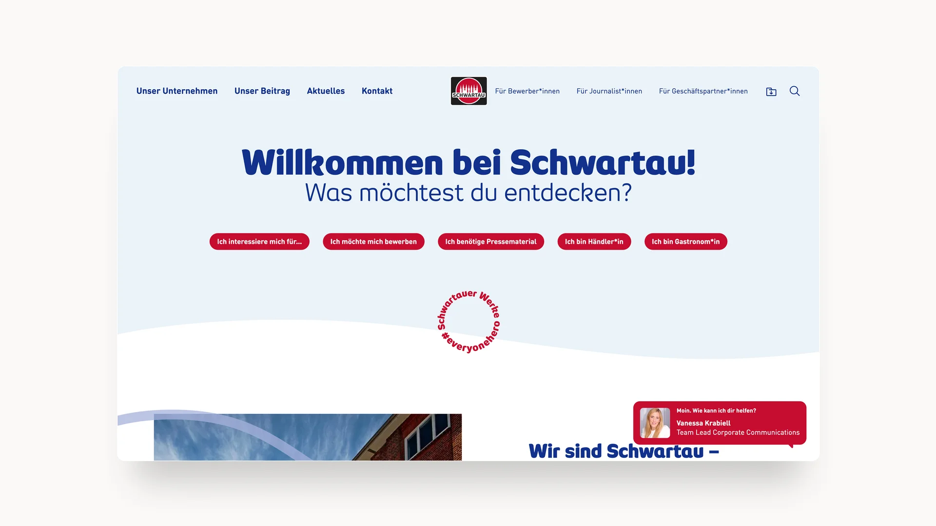Screenshot von der Startseite der Schwartauer Werke-Website mit Navigationsmenü und Willkommens-Schriftzug