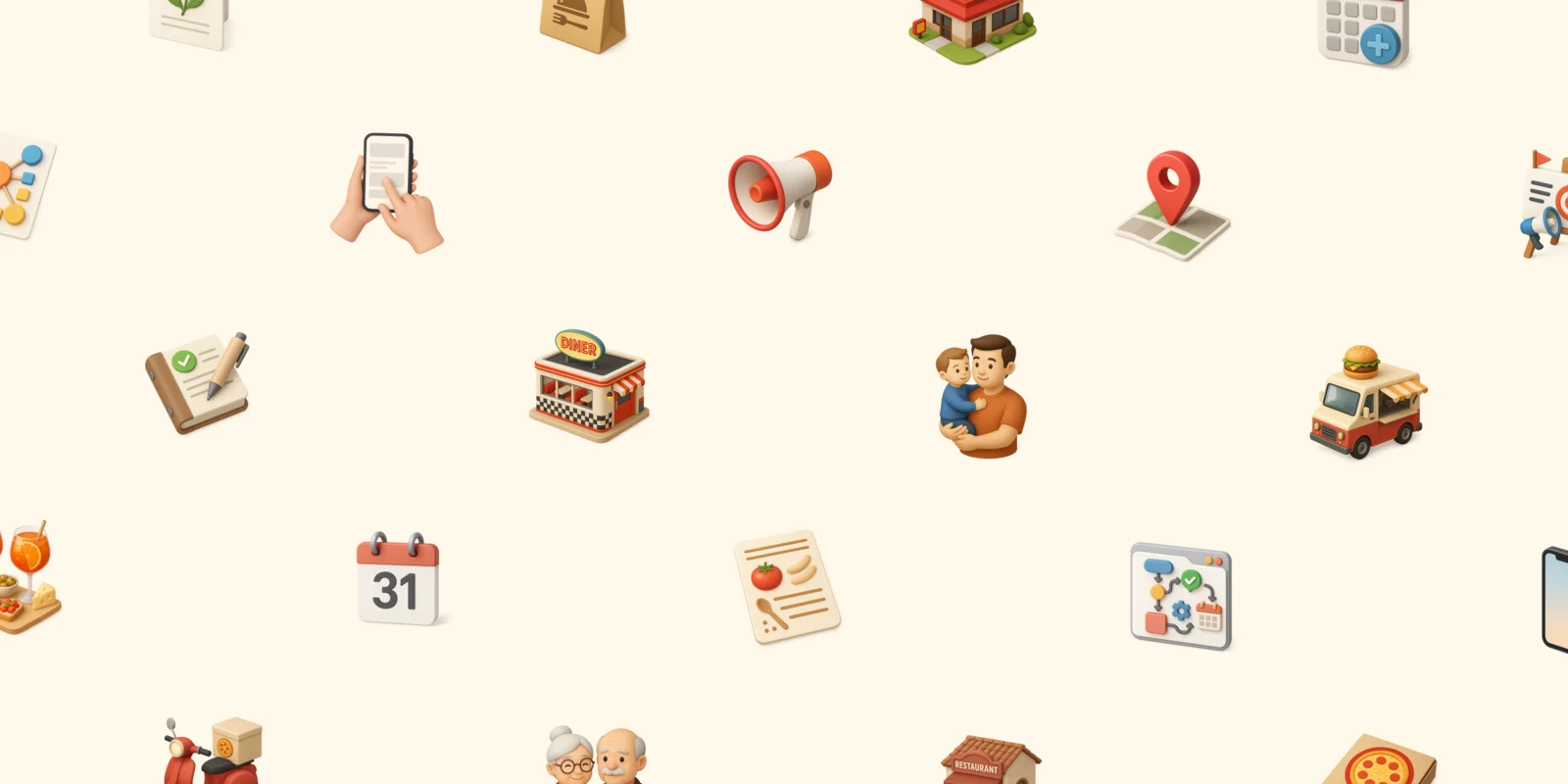 Verschiedene Icons vor beigem Hintergrund