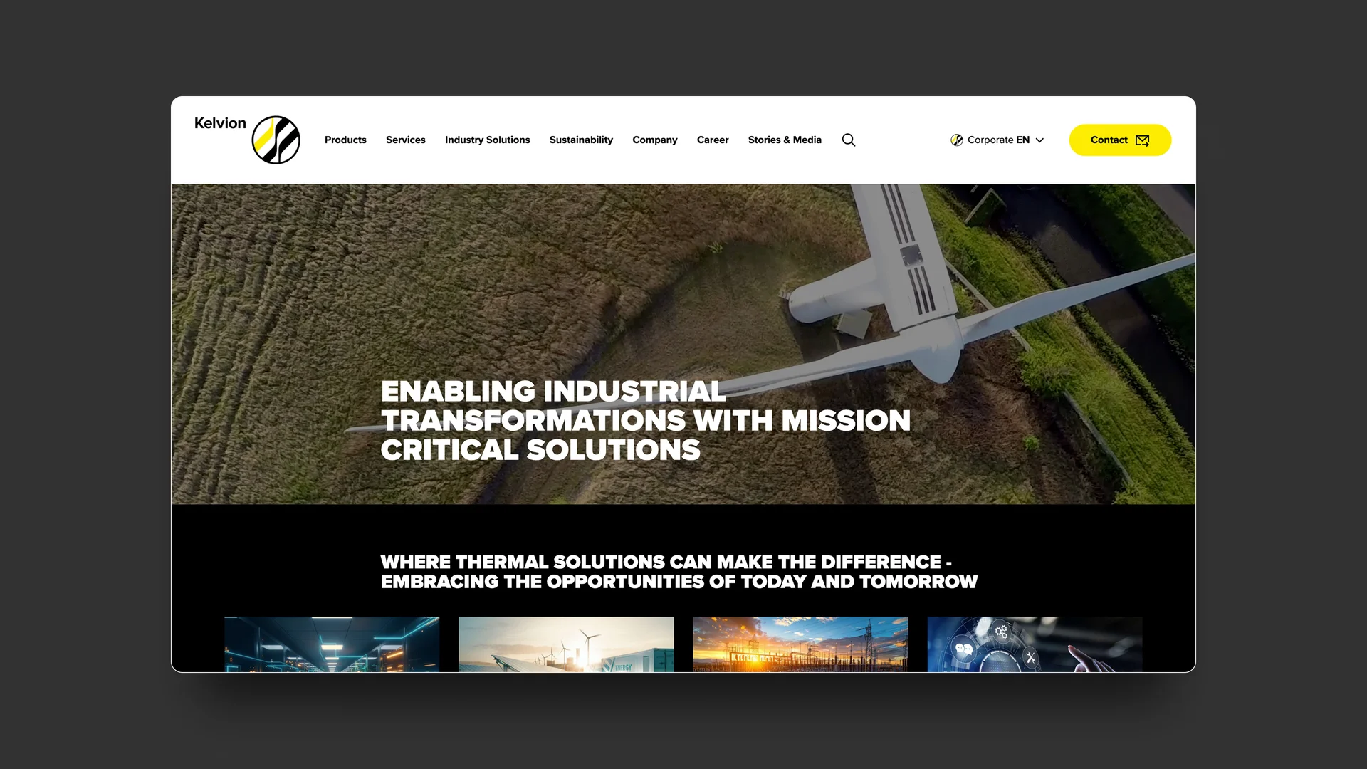 Screenshot der Kelvion Website zeigt Startseite mit einem Windrad aus der Vogelperspektive